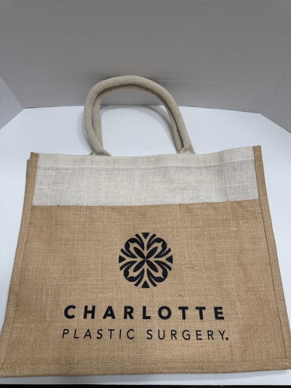 Natural Jute Tote with Cream Canvas Handles “Charlotte Plastic Surgery”